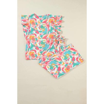 Floral Ruffled Sleeve Top Smocked Wide Leg Pants Set