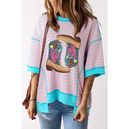 Pink Stripe Sequin Western Cactus Boots Graphic Half Sleeve T Shirt