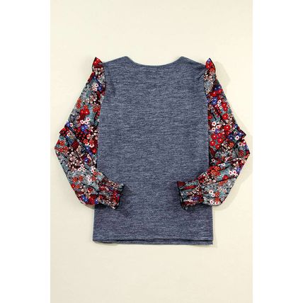 Blue Ruffle Tiered Floral Sleeve Crew Neck Blouse