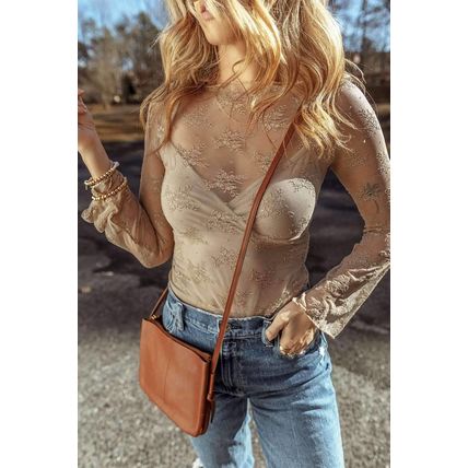 Apricot Lace Mesh Crochet Splicing Slim Fit Long Sleeve Blouse