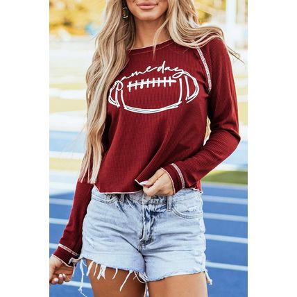 Red Game Day Rugby Football Graphic Thermal Knit Top