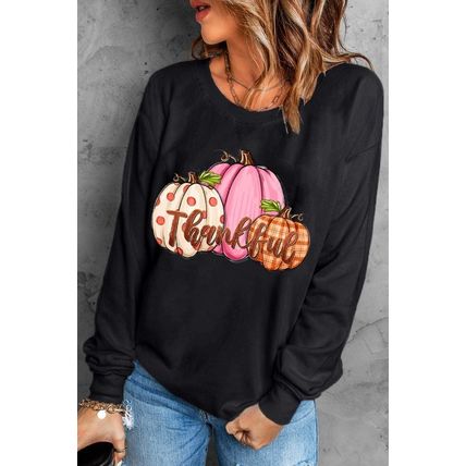 Black Pumpkin Thankful Drop Shoulder Thanksgiving Pullover Sweatshirt