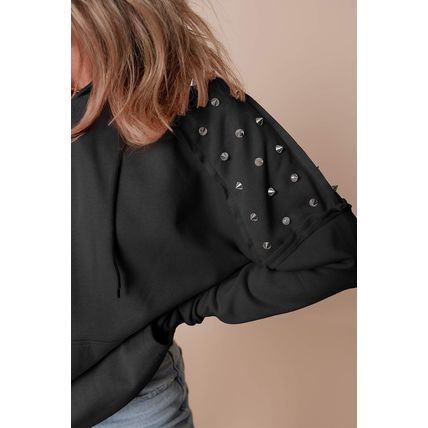 Black Solid Color Rivet Stud Raglan Sleeve Hoodie with Pocket