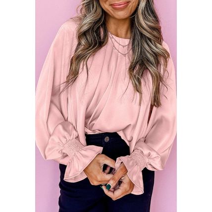 Apricot Pink Pleated Round Neck Flounce Sleeve Satin Blouse