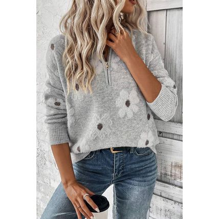Gray Plus Size Embroidered Floral Pattern Half Zip Sweater