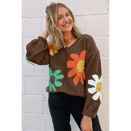Coffee Big Flower Pattern V Neck Drop Shoulder Sweater