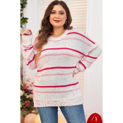 Pink Stripe Drop Shoulder Side Split Plus Size Sweater