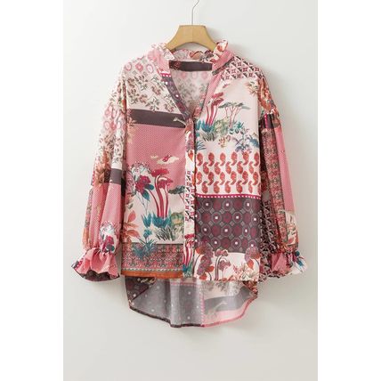 Red Boho Geometric Mixed Print Patchwork Bubble Sleeve Shirt