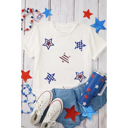 White USA Sequin Stars Patched Casual T Shirt