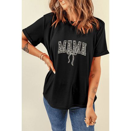 Black Bowknot MAMA Embroidered Crewneck Mothers Day T Shirt