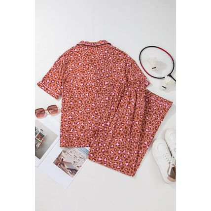 Brown Leopard Print Short Sleeve Shirt and Pants Pajamas Set