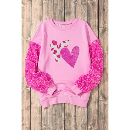 Pink Valentines Heart Graphic Sequin Patchwork Long Sleeve Top