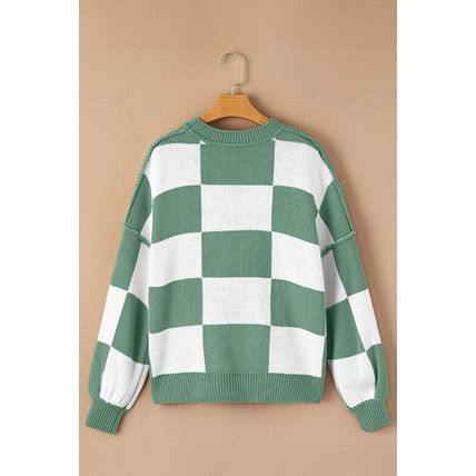 Green Checkered Bishop Sleeve Sweater
