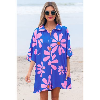 Blue Summer Flower Print Shirt Collar Button Front Loose Romper