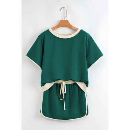 Evergreen Colorblock Edge Drop Shoulder T Shirt and Skort 2Pcs Set