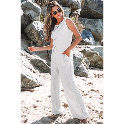 Light Grey Solid Color Crew Neck Drawstring High Waist Sleeveless Jumpsuit