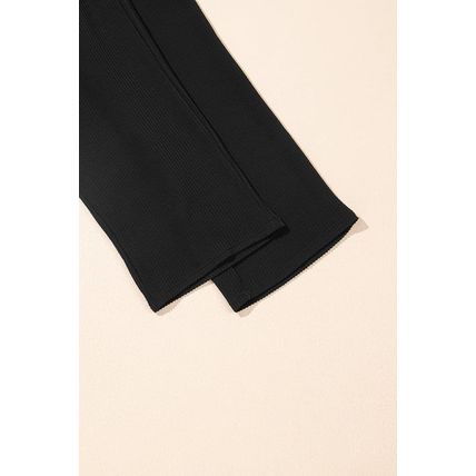 Black Solid Color Corded Short Sleeve Top and Casual Pants Set