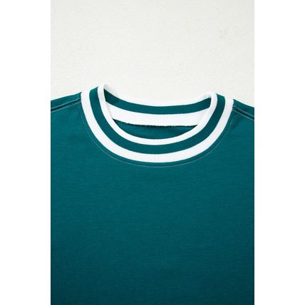 Blackish Green Contrast Striped Patchwork Round Neck Drop Shoulder Sweatshirt