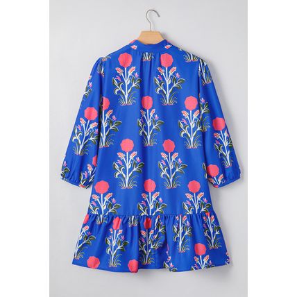 Blue Floral Print Button Detail 3/4 Puff Sleeve Ruffle Hem Dress
