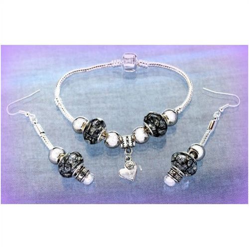 Love Heart Charm Black Crackle Euro Bead SP Bracelet Earring Set Jewellery 1135