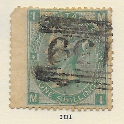 1/- GREEN PLATE 4 QV GB 1865 USED CLASSIC SURFACE PRINTED PMK FALKIRK SCOTLAND