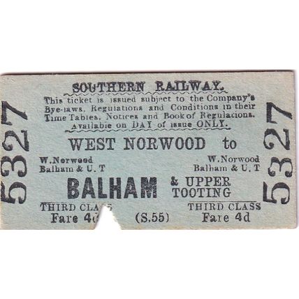 WEST NORWOOD - BALHAM & UPPER TOOTING 1929 Southern Railway Ticket SR 5327