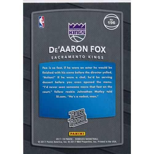 2017-18 Donruss Rated Rookie 196 De'Aaron Fox RC Sacramento Kings