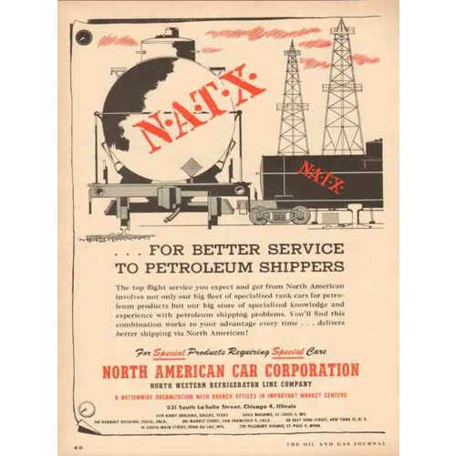 NORTH AMERICAN CAR CORP 1955 NATX petroleum shippers train vintage ad