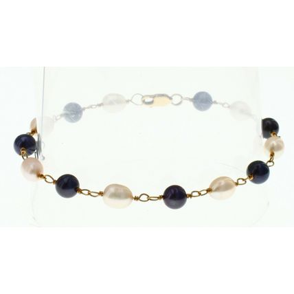 Genuine Black & White Pearl Bead Bracelet Real Solid 14K Yellow Gold 8 Inch Long