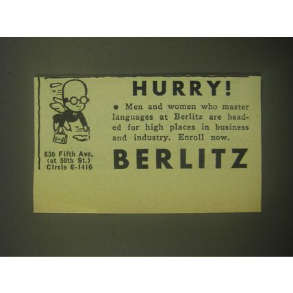 1945 Berlitz School of Languages Ad - Hurry!