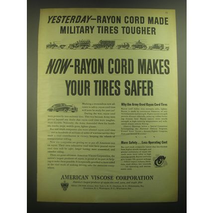 1945 American Viscose Corporation Ad - Rayon Cord made Military Tires Tougher
