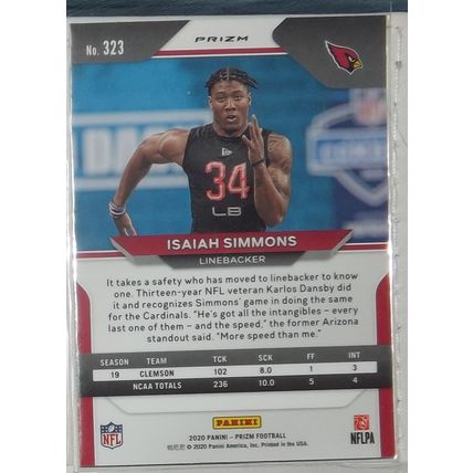 2020 Panini Prizm ISAIAH SIMMONS (Arizona Cardinals) Orange Lazer RC #323