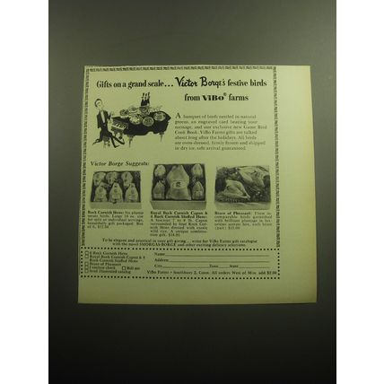 1958 ViBo Farms Ad - Gifts on a grand scale.. Victor Borge's festive birds