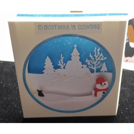 UNIQUE HAND MADE CARD - Christmas xmas snowman rabbit church porthole box style