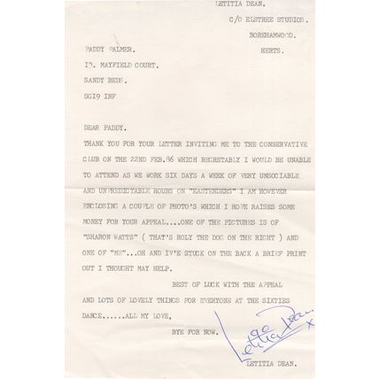 Letitia Dean Eastenders Conservative Club Hand Signed Letter