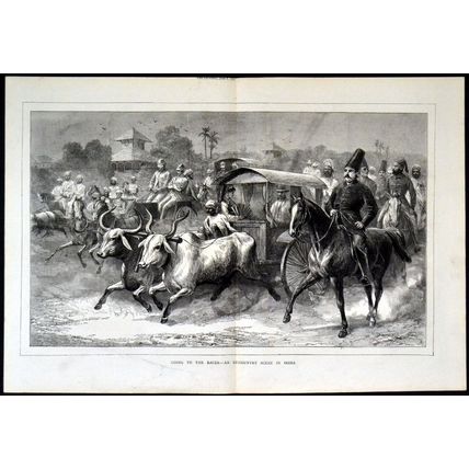 GOING TO THE RACES - AN UP-COUNTRY SCENE IN INDIA 1872 VICTORIAN ENGRAVING