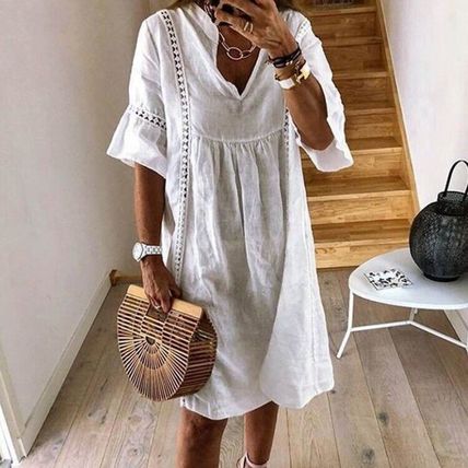 Women Short Mini Dresses Sleeve Sundress Ladies V Neck Bohemian Loose Cotton