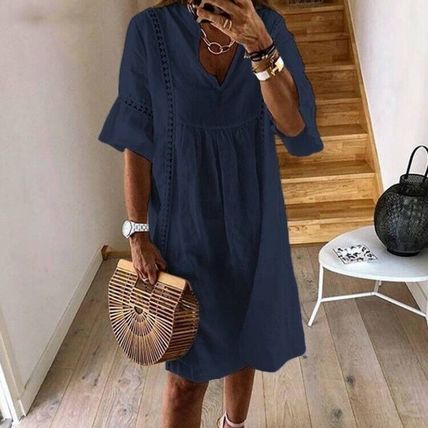 Women Short Mini Dresses Sleeve Sundress Ladies V Neck Bohemian Loose Cotton