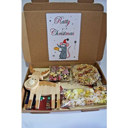 RAT TREAT CHRISTMAS GIFT BOX FILLED WITH REINDEER WOOD GNAW & XMAS CAKE & TREATS
