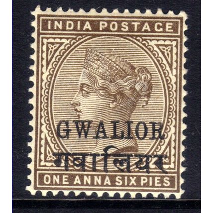 India Gwalior 1885 - 97 QV 1 Anna Brown Ovpt MM SG 18c ( H880 )