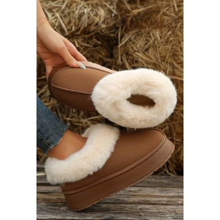 Chestnut Plush Suede Trim Thick Sole Flat Snow Boots