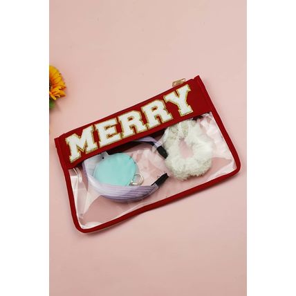 Red MERRY Contrast Trim Clear Makeup Bag