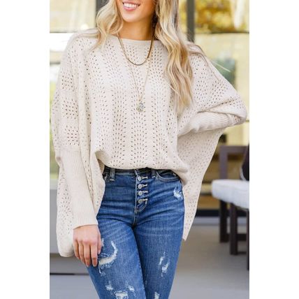 Beige Ribbed Hollow Knit Dolman Sleeve Sweater