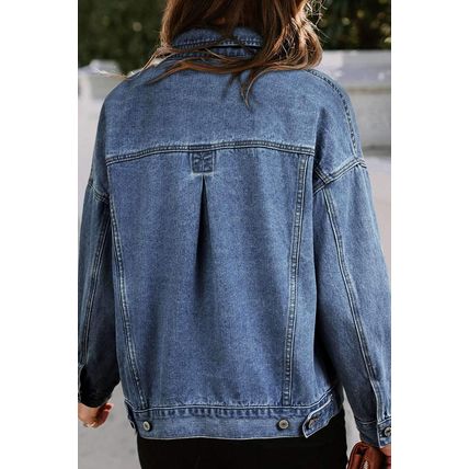 Dark Blue Washed Oversize Pocketed Denim Jacket