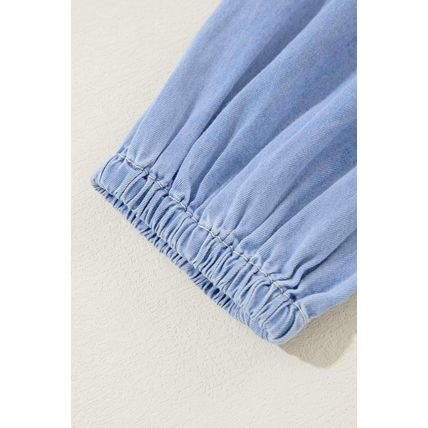 Beau Blue Puff Sleeve V Neck Tiered Ruffled Chambray Mini Dress