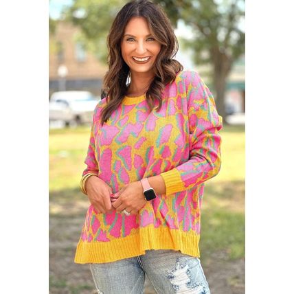 Vitality Orange Abstract Print Ribbed Trim Baggy Sweater