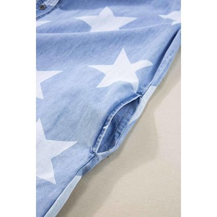 Sky Blue Stars Frayed Hem Collared Short Sleeve Denim Dress