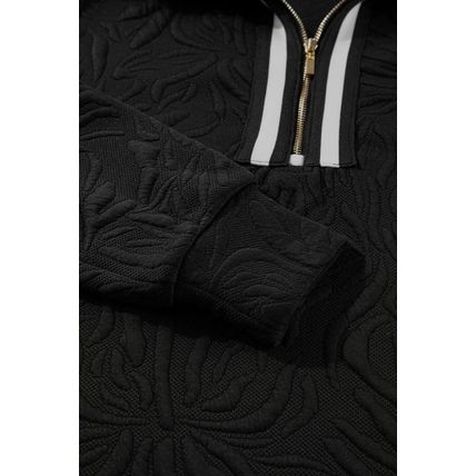 Black Jacquard Textured Quarter Zipper Shift Mini Dress