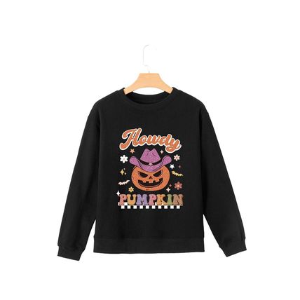 Black Halloween Howdy PUMPKIN Print Crew Neck Pullover Sweatshirt