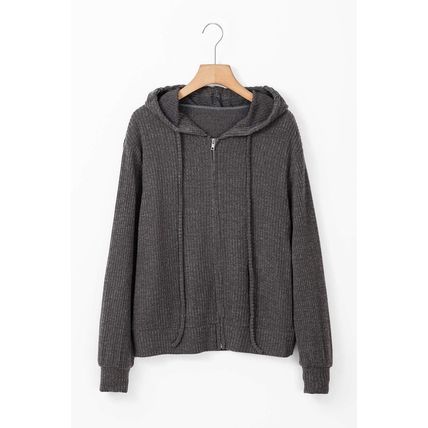Dark Grey Ribbed Zip Up Front Drawstring Hoodie